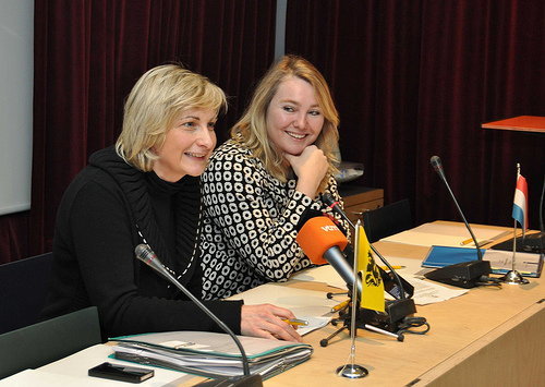 Vlaams minister Hilde Crevits en de Nederlandse minister Schultz van Haegen tijdens een kennismakingsgesprek